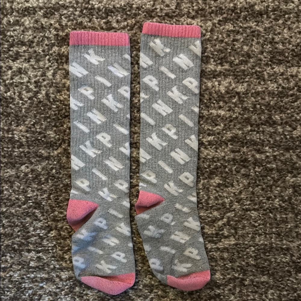 Gray and Pink Logo Knee-High Socks
